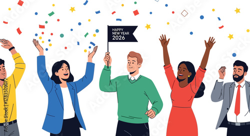 Diverse group of people celebrating and throwing confetti for happy new year 2026 with a flag