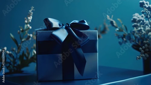 A blue box with a bow on top of it. The box is sitting on a table. There are flowers in the background