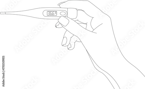 Drawing of a black hand holding a thermometer with a normal temperature