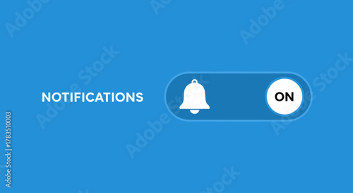 A blue background with a toggle switch labeled 'ON' for notifications, with a bell icon.