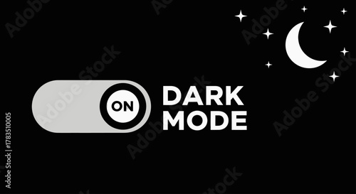 Dark mode toggle switch with moon and stars on a black background.