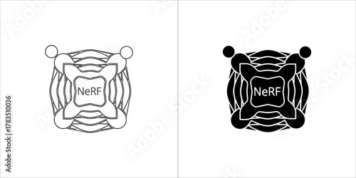 Abstract geometric shape with the word nerf in the center, shown in outline and solid black