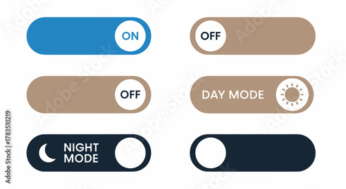 Toggle switches showing on/off, day/night mode options.