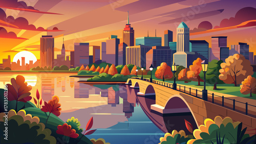 Very beautiful sunset over the Charles River Esplanade, spanning Boston and Cambridge, Massachusetts, USA, featuring warm golden light reflecting on calm river waters, tree-lined paths, and a 