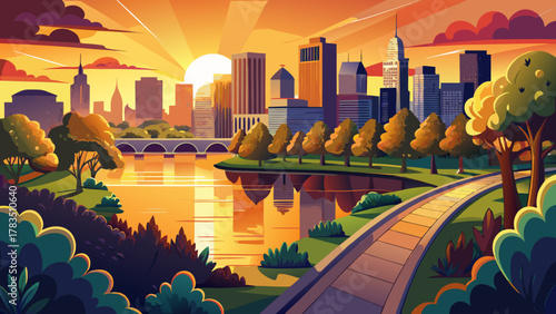 Very beautiful sunset over the Charles River Esplanade, spanning Boston and Cambridge, Massachusetts, USA, featuring warm golden light reflecting on calm river waters, tree-lined paths, and 