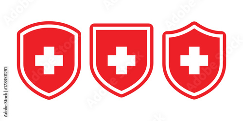 Medical Shield Icon Set. Red Cross Protection Symbol