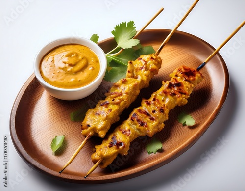 A tiny cup of peanut sauce and two skewers of mildly browned grilled chicken satay