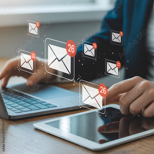 High-volume email inbox concept — person managing multiple unread messages with email notification badges