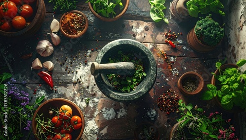 Overhead View of Rustic Table with Various Herbs Spices and Mortar and Pestle