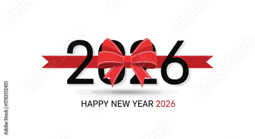 Happy new year 2026 greeting with a festive red ribbon and bow adorning the numbers