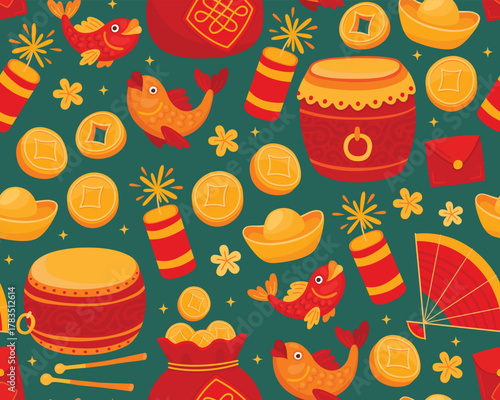 Seamless pattern with elements for Lunar New Year, Chinese New Year. Bright holiday elements, lucky money bag, gold coins, drums on green background.