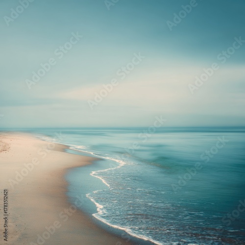 Serene Seascape with Gentle Waves Lapping on Sandy Beach Under Soft Blue Sky and Tranquil Atmosphere, Ideal for Relaxation and Mindfulness Imagery