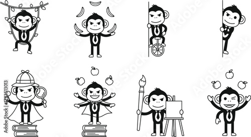 Minimalist 2D monkey stickman icons with ten confident mischievous actions in clean black vector style