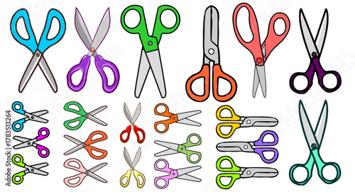 Colorful scissors collection illustration. Set of school, craft, and office scissors in various styles. Education, stationery, and cutting tool concept for design and creativity.

