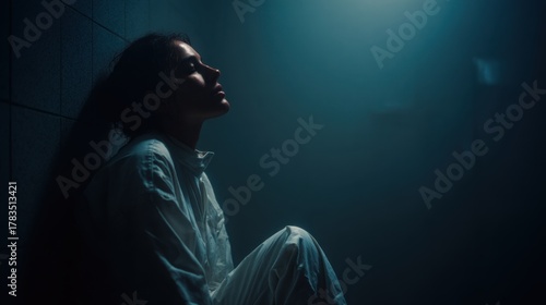 Woman Sitting in Dimly Lit Room with Soft Blue Lighting in Contemplative Mood