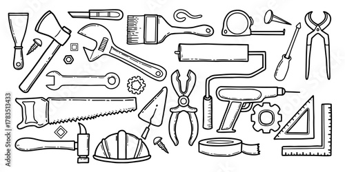 Set of hand drawn doodle construction tools. Home building and repair tool sketch style. Workshop equipment vector illustration