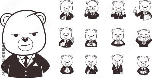 Φωτογραφία Ten minimalist stickman-style bear icons in black suit with confident playful ex