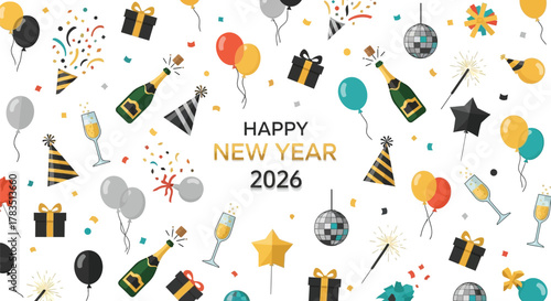 Happy new year 2026 celebration with champagne bottle popping confetti balloons gifts and disco balls