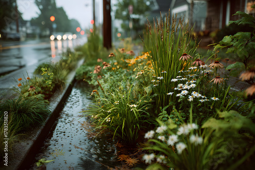 Fototapeta Naklejka Na Ścianę i Meble -  Street rain garden with plants and stormwater drainage, showcasing green infrastructure solutions for urban environments