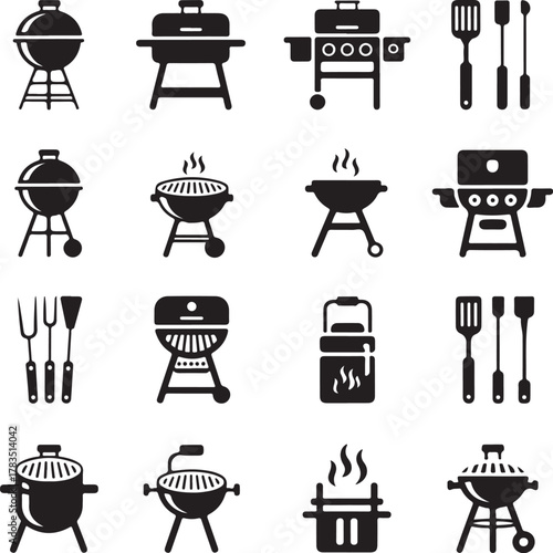 Black BBQ grill icon set flat vector on white:4 grills row with simple smoke lines.Uniform stroke width equal spacing consistent size