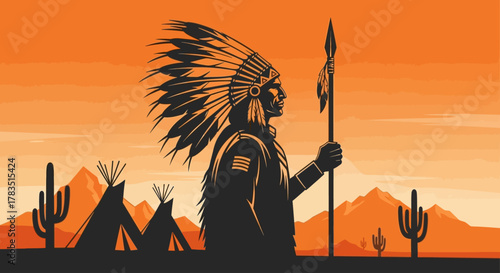 Native American Warrior with Spear in Desert Landscape at Sunset