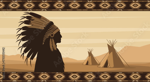 Native American Chief Silhouette with Headdress and Teepees Vector Illustration