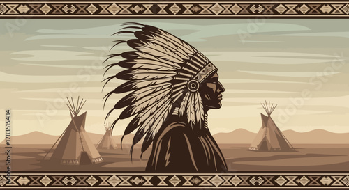 Native American Chief Silhouette Vintage Illustration on Desert Landscape Background