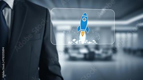 Businessman in Dark Suit Touching Transparent Screen Displaying a Rocketship in an Office Interior with Blurred Background