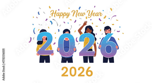 Diverse group of people celebrating and holding large numbers that spell out the year 2026 with confetti falling