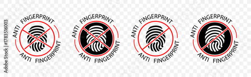 Anti fingerprint mark collection with red prohibition circles. Security icon set representing protection and hygiene surfaces
