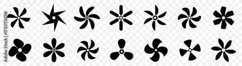 Propeller icons for cooling and ventilation. Different fan blades shapes for engineering and air systems. Minimal black silhouettes for technical graphics