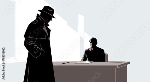 Noir-style illustration of a man in a trench coat talking to a man seated at a desk in an office
