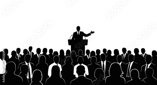 A silhouetted speaker at a podium addresses a large, attentive audience, depicting public speaking event