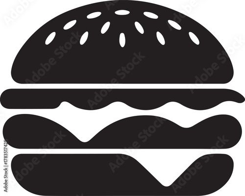 Hamburger vector icon with bun patty and toppings in a flat silhouette style perfect for food menus