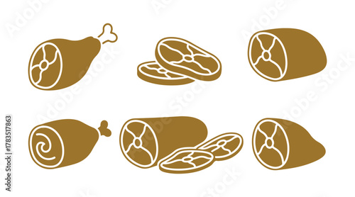 Ham, gammon symbol. Simple flat color icons with contour outlines. Solid fill icon. Contemporary glyph design. Collection of vector illustrations. Meat items. Food components