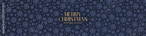 Merry Christmas Gold Vector Banner with Snowflakes and Text for Website Header or Ready for Print Greeting Card Gifts, Modern Minimal Background Winter Holiday Illustration