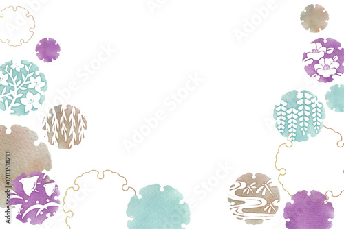 雪輪 Japanese Watercolor Round Frame Set with Traditional Pattern for Zen Design