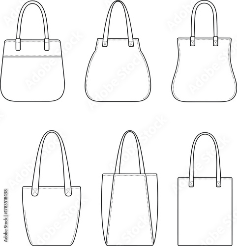 Cad drawing flat vector illustration, technical handbag sketches front view multiple styles fashion accessory design