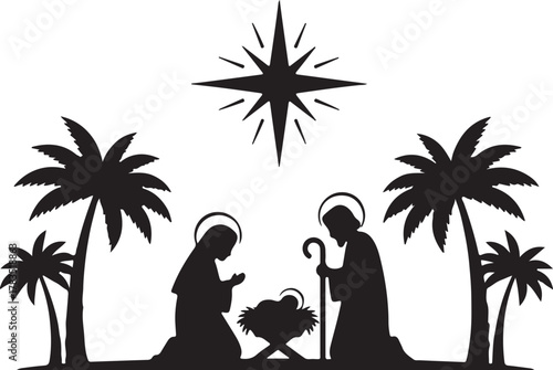 Silhouette Nativity with Mary and Joseph in Stable Under Guiding Star is Transparent