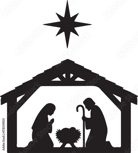 Silhouette shows biblical nativity with star of Bethlehem, Joseph, and Mary on transparent background