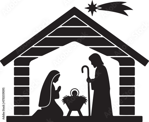 Silhouette shows Mary and Joseph gazing upon baby Jesus in a manger beneath a star