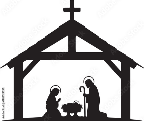Silhouette shows Mary and Joseph watching the baby Jesus in a stable