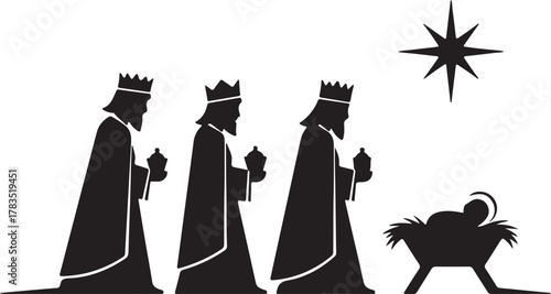 Three kings carrying gifts follow the shining star to see baby Jesus