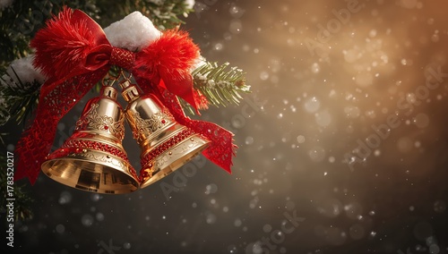 Elegant golden Christmas bells adorned with red ribbon and snow on pine branch, evoking festive holiday joy and warm winter spirit.