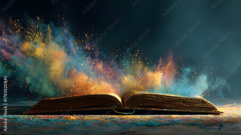 Obraz premium Vibrant colors explode from an open book painting the scene with a spectrum of hues.