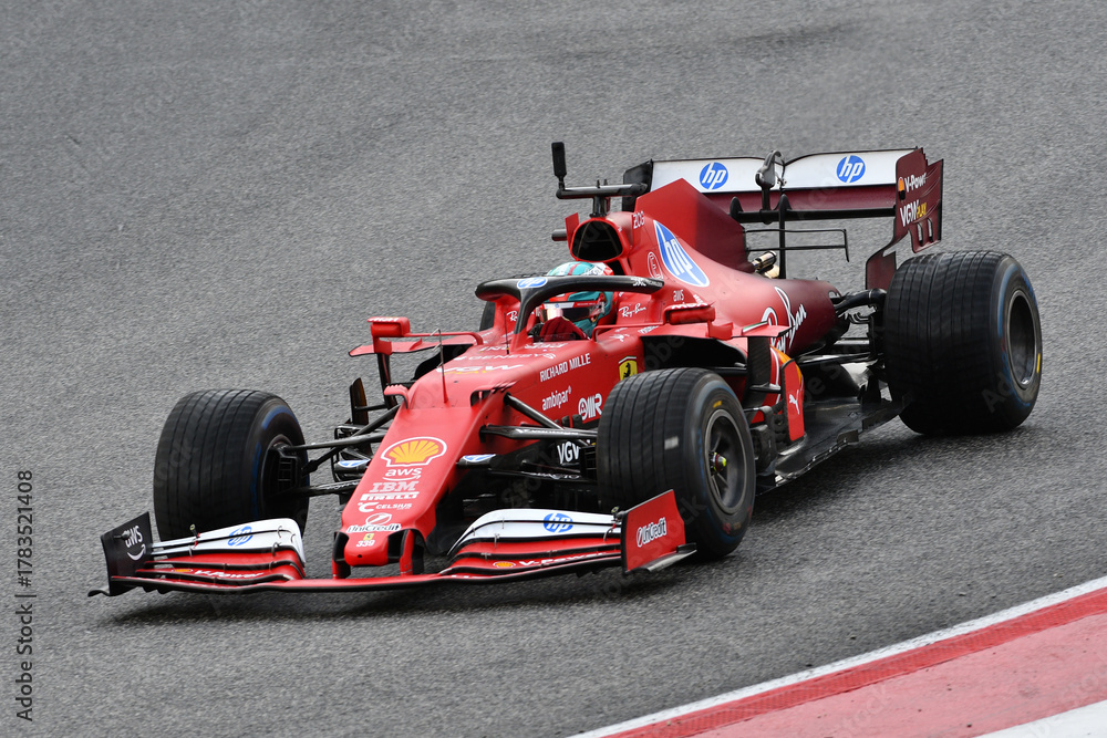 Naklejka premium Scarperia; Italy - October 24th 2025: Ferrari SF1000 ex Sebastian Vettel and Charles Leclerc in action during Ferrari World Finals 2025 at Mugello Circuit in Italy.