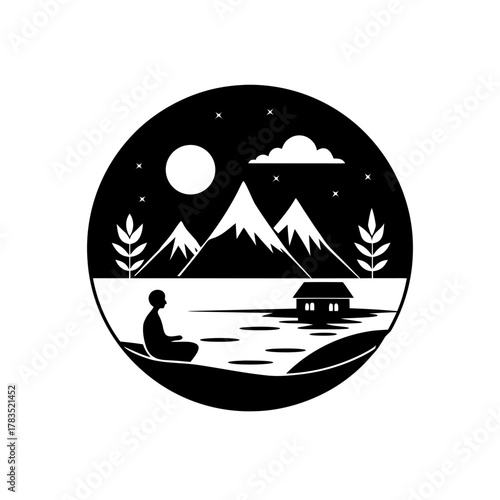 Meditating person by lake mountains on transparent background silhouette