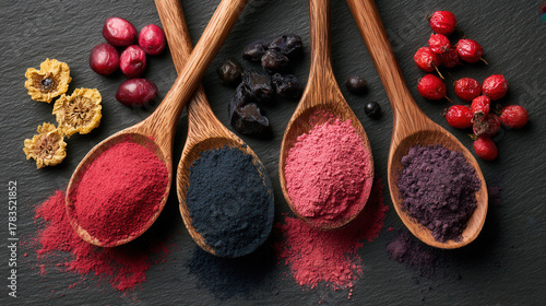 Fototapeta Naklejka Na Ścianę i Meble -  Colorful natural powders arranged on wooden spoons with dried fruits and flowers on a slate background