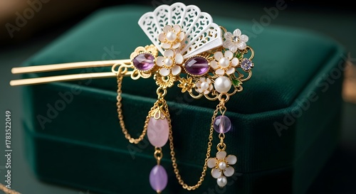 Elegant gold hairpin with floral details and gemstones on a green velvet box