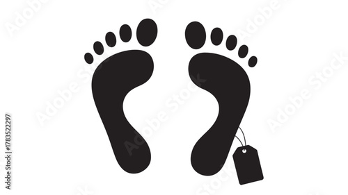 Footprint vector illustration with a toe tag flat design element for crime scene investigation isolated on white background